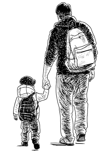 야외에서 걷는 어린 아이와 남자의 스케치