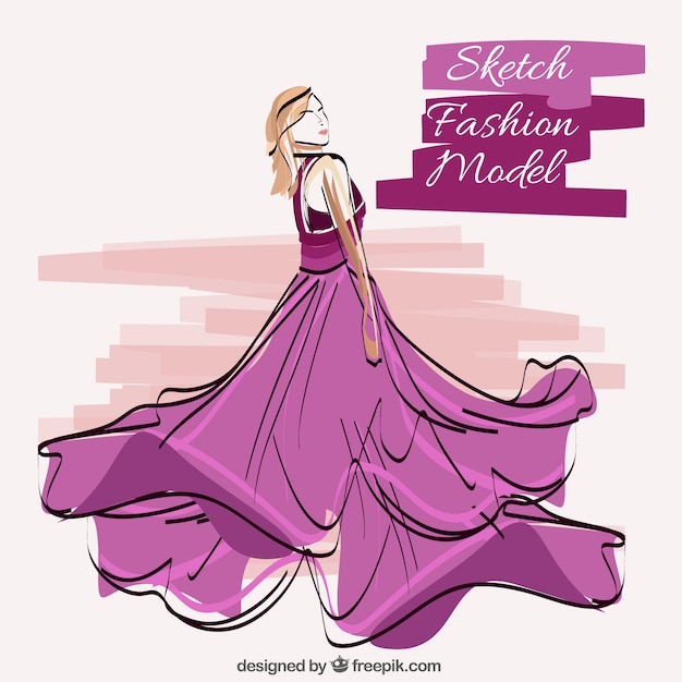Sketch di vestito viola modello di indossare