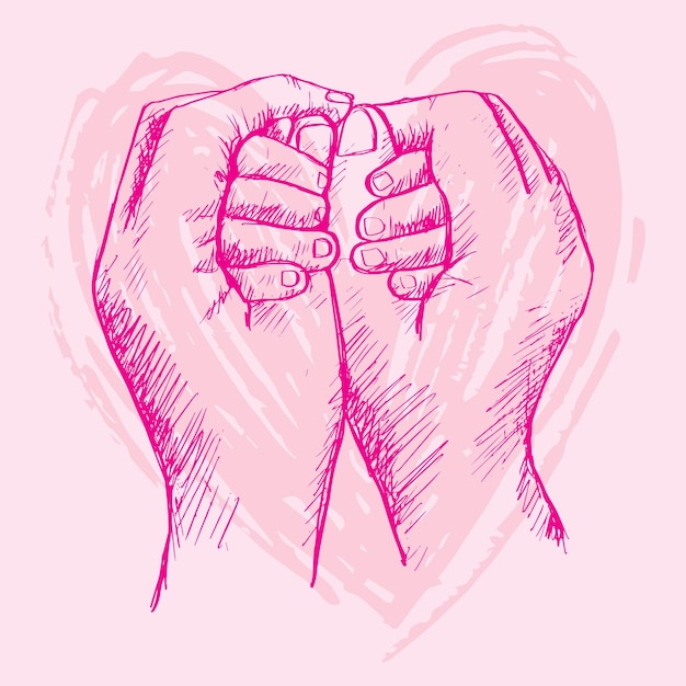 Vector sketch mother hands holding baby with heart shape background.