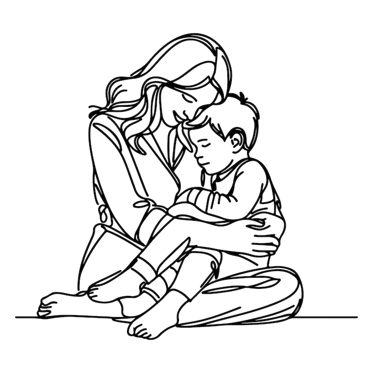 Vector sketch mother hugging small child single one black line drawing woman being hugged by her children