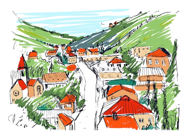 Vettore schizzo del paesaggio montano con disegnata a mano colorata città georgiana. bellissimo disegno monocromatico con edifici e strade della piccola città situata tra le colline. illustrazione.