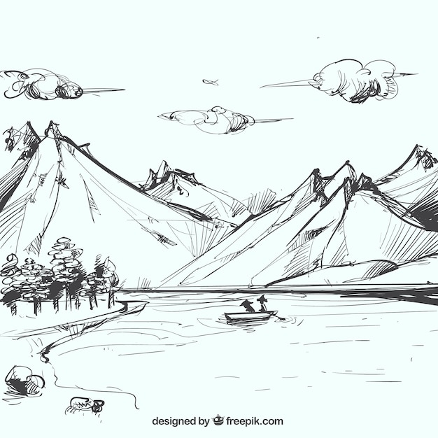 Vector sketch of mountainous landscape with lake