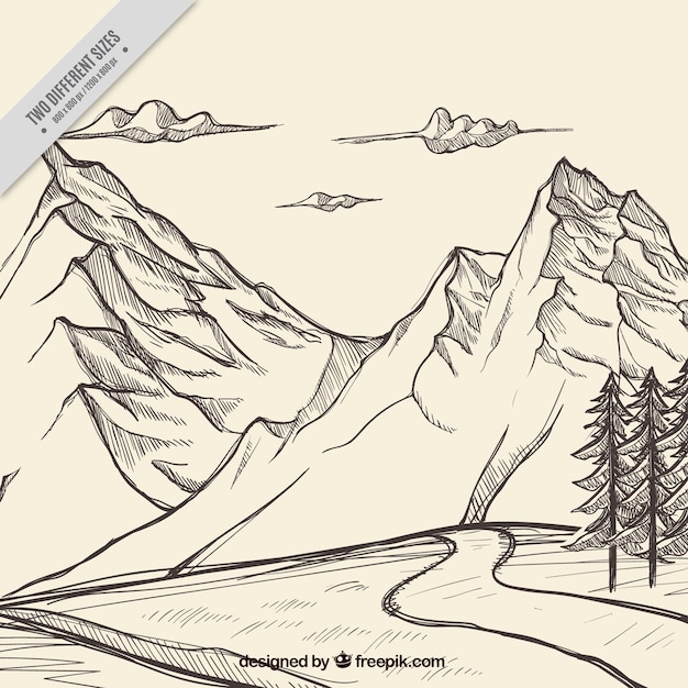 Vector sketch of mountains with a path background