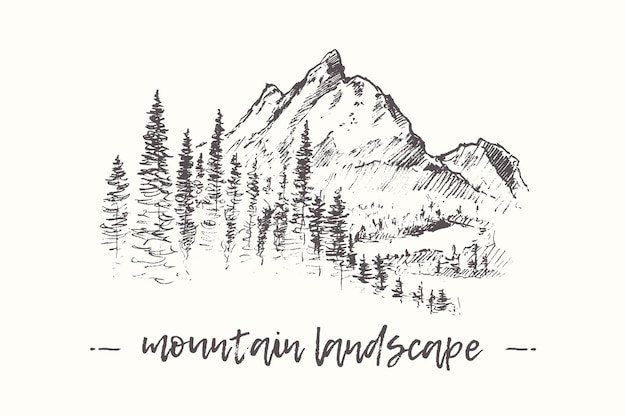 Эскиз гор с сосновым лесом и рекой, стиль гравировки, нарисованная вручную векторная иллюстрация