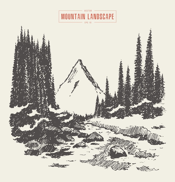 sketch of mountains with pine forest and river, engraving style, hand drawn vector illustration