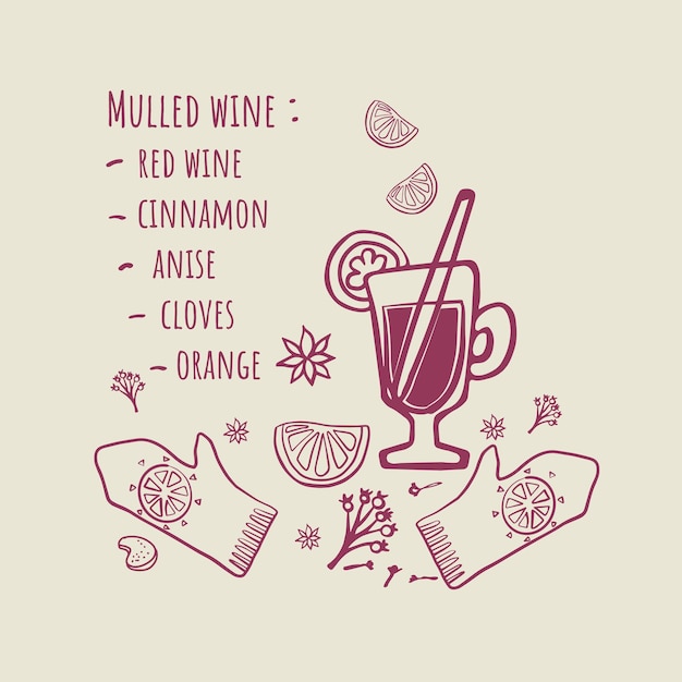 Sketch Mulled Wine Recipe For food background and recipe card
