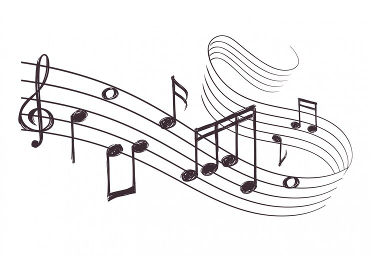 Vector sketch musical sound wave with music notes. 