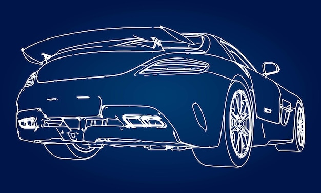 ベクトル グラデーションの青い背景に現代のスポーツカーのスケッチ。