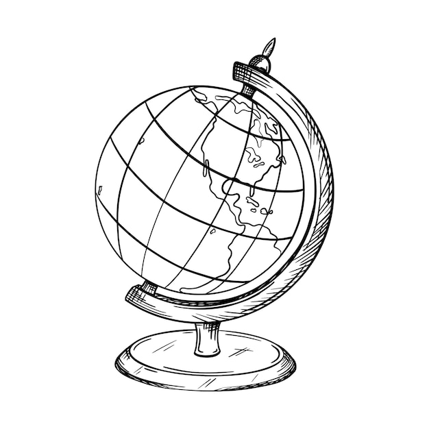 スタンド上の学校の地球儀のスケッチ。マップは南アメリカと北アメリカを示しています。手描きブラックホワイト