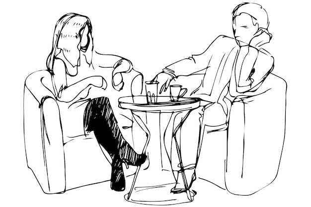 Эскиз молодой пары в кафе за столиком