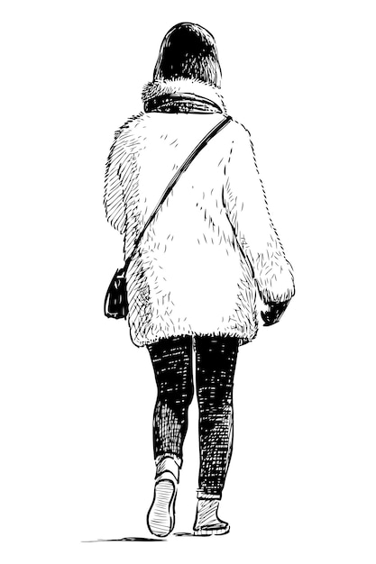 散歩に行く白い毛皮のコートを着たカジュアルな街の女性のスケッチ