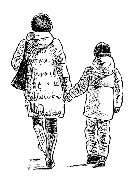 벡터 아들과 함께 야외에서 함께 걷는 캐주얼 도시 여성의 스케치