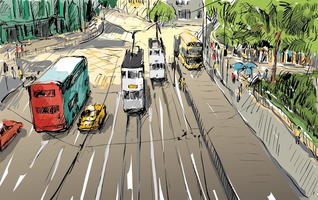 벡터 홍콩의 도시 풍경 스케치는 거리와 건물 그림을 보여줍니다.