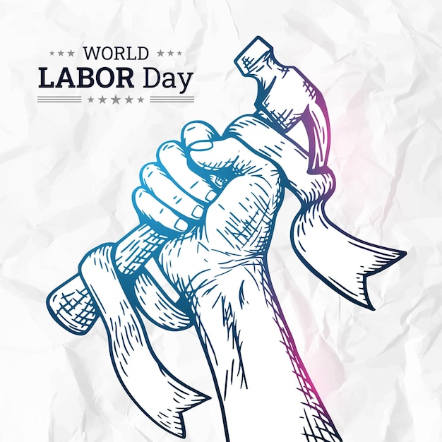 ベクトル 5 月 1 日の世界労働者の日イラストの拳のスケッチ紙を丸めて背景労働者の日