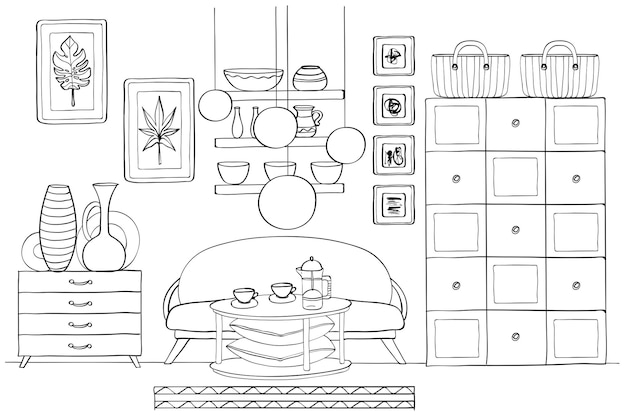 ベクトル リビング ルームのインテリアのスケッチ白黒