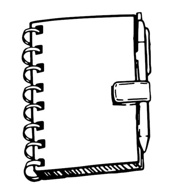 Эскиз блокнота с ручкой планировщик блокнотов для заметок контур клипарта изолирован на белом фоне ручная рисованная векторная иллюстрация