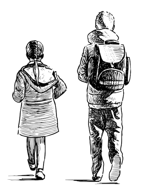 Эскиз школьника с младшей сестрой, гуляющих вместе на свежем воздухе