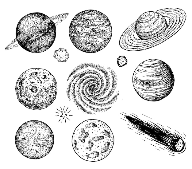 벡터 공간 개체의 스케치 세트 혜성 행성의 컬렉션 별 소행성 검은 윤곽선 요소