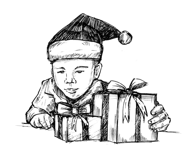 クリスマスのギフトボックスの手描きの子供のスケッチ