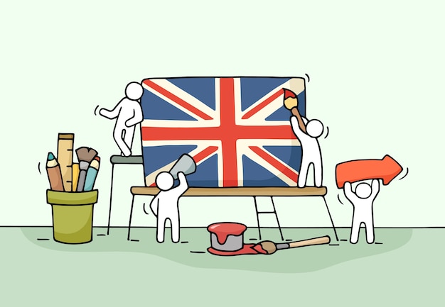 英国の旗を持つ小さな労働者のスケッチ。ユニオンジャックで労働者のかわいいミニチュアシーンを落書き。デザインとインフォグラフィックの手描き漫画イラスト。