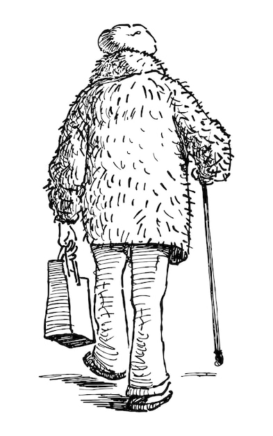 Sketch of old woman in fur coat with walking stick strolling outdoors