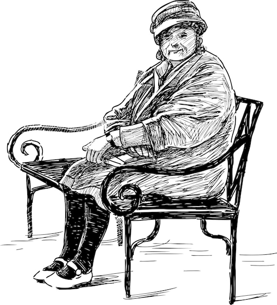 Vector sketch of an old woman in a hat sitting on a park bench