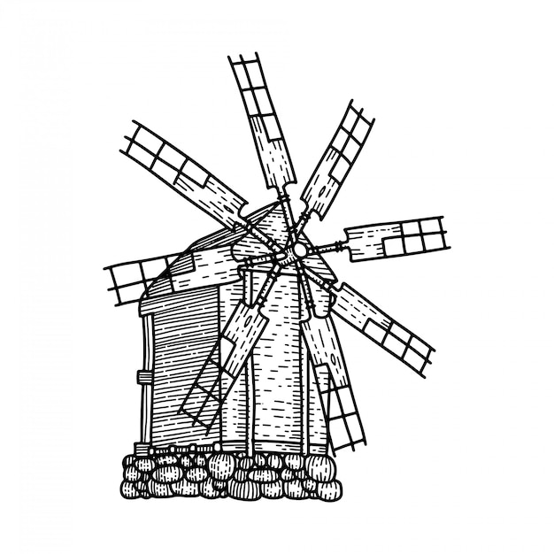 Vector sketch of old woodeb windmill isolated. seven-blade mill. hand drawn sketch illustration in engraved linear style.