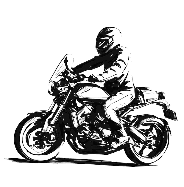 Vector sketch of one male motorcyclist riding black motorcycle