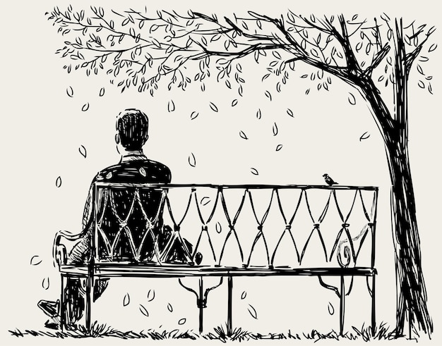 Vector sketch of onely man sits on the park bench