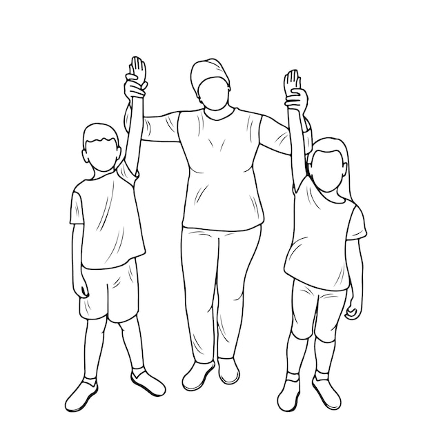 Sketch outline of mom with son and daughter winners hands up isolated vector