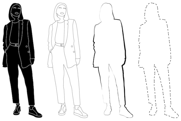 Vector sketch outline of the silhouette of a girl in a fashionable suit standing doodle line drawing