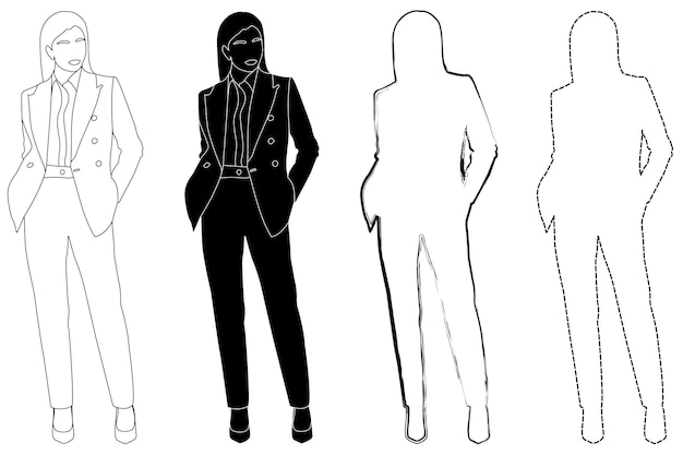 Vector sketch outline of the silhouette of a girl in a fashionable suit standing doodle line drawing