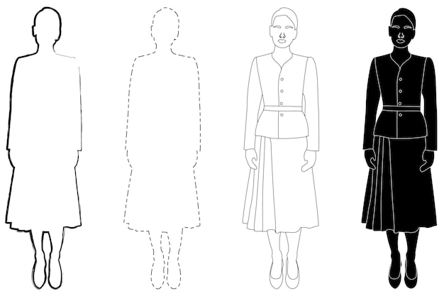 Sketch outline of the silhouette of a girl in a fashionable suit standing Doodle line drawing