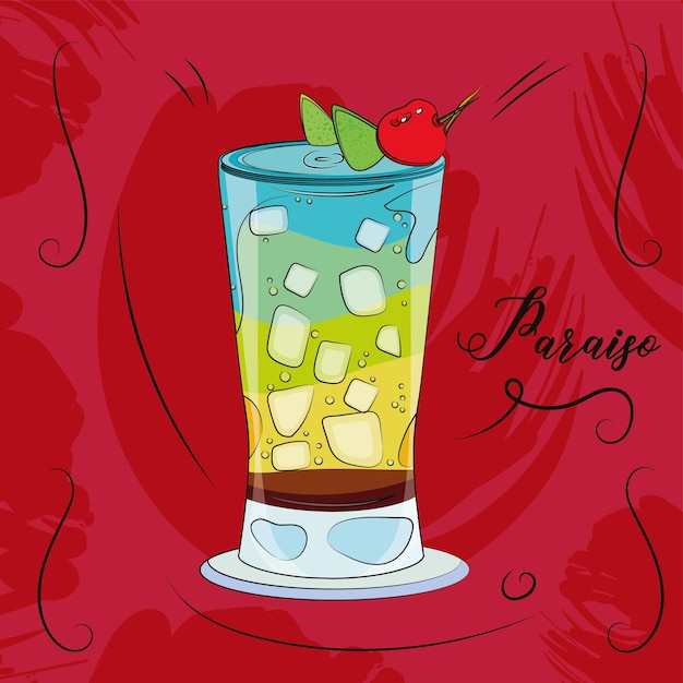 Sketch of a paraiso cocktail with a cherry tropical cocktail vector