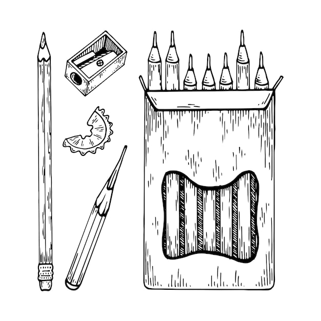 벡터 스케치 연필 세트 샤프너 라인 아트가 있는 컬러 및 흑연 펜 손으로 그린 낙서 벡터