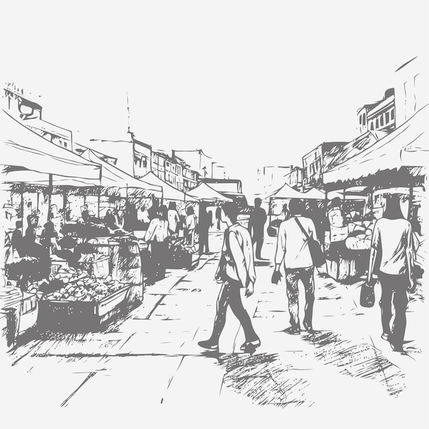 Эскиз людей, идущих по улице на местном рынке, нарисованный вручную эскиз