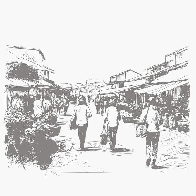 Эскиз людей, идущих по улице на местном рынке, нарисованный вручную эскиз