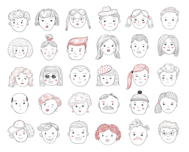 Sketch people avatars. female and male portraits, human faces, men and women user profile doodle icons vector set