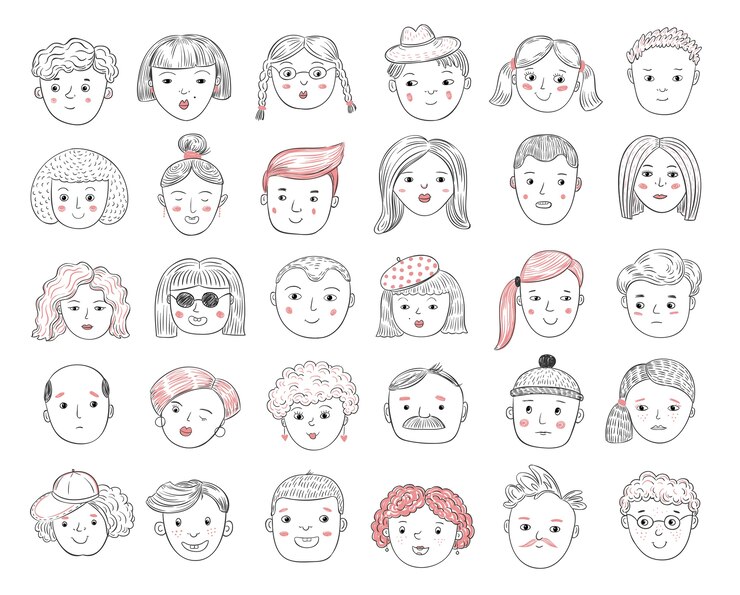 Vector sketch people avatars. female and male portraits, human faces, men and women user profile doodle icons vector set