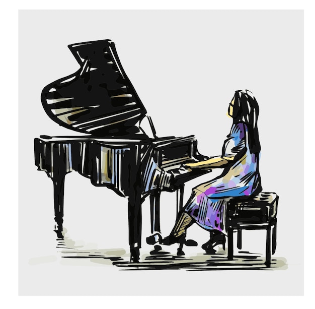 Vector sketch of piano girl hand draw