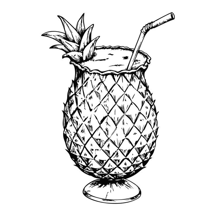 Sketch of a pina colada in a pineappleshaped glass with a straw on a white background