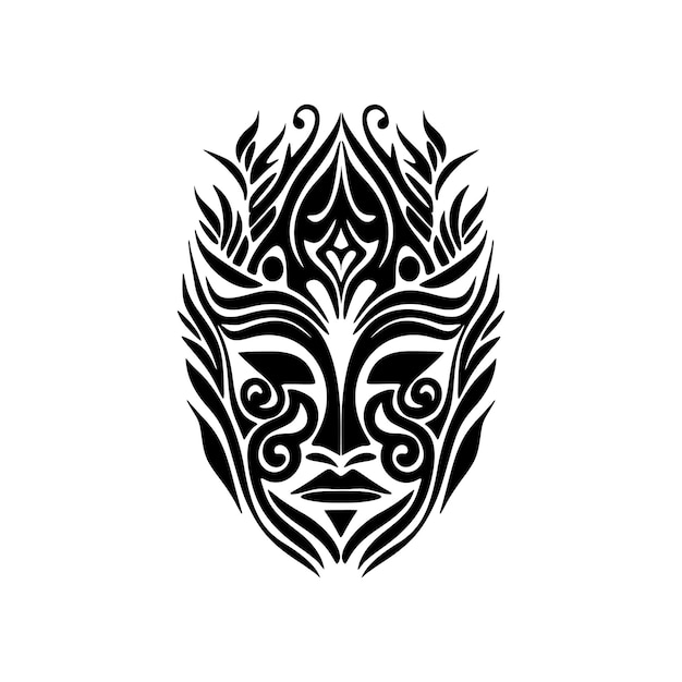 Эскиз татуировки полинезийской маски в черно-белых векторах
