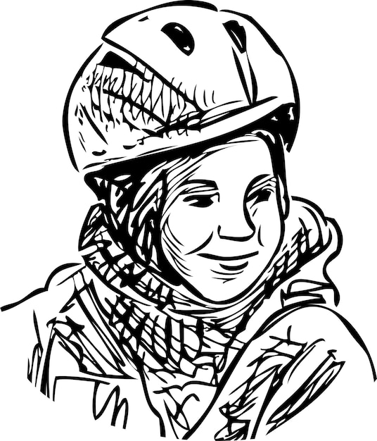 사이클 헬멧에 쾌활한 웃는 아이의 스케치 초상화