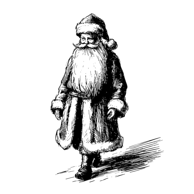 Скетч-портрет Санта-Клауса черно-белая ручная векторная иллюстрация изолирована
