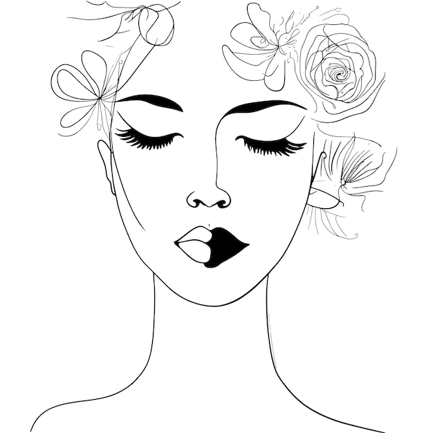 Vector sketch portrait woman flowers in hair and face line art in elegant style beautiful vector