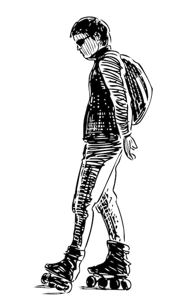 Vector sketch of profile casual young sportsman in sunglasses with backpack roller skating