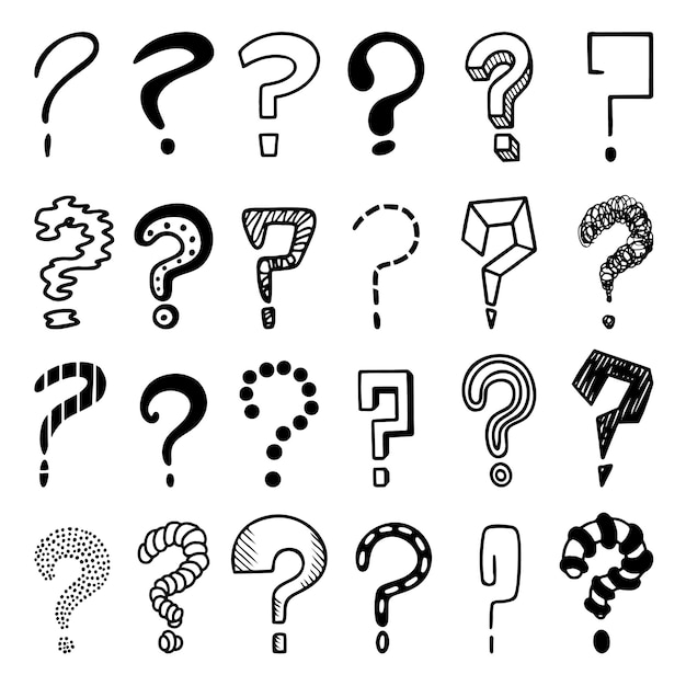 Schizzo punti interrogativi perché segni domande doodle mark set interrogativi disegnati a mano punti dubbi simboli pensare o problemi insieme vettoriale neoterico di simboli faq e illustrazione dello schizzo dei segni