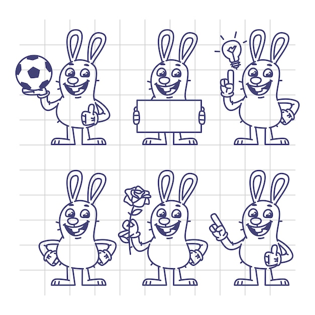 Schizzo coniglio tiene pallone da calcio targhetta vuota fiore set caratteri illustrazione vettoriale