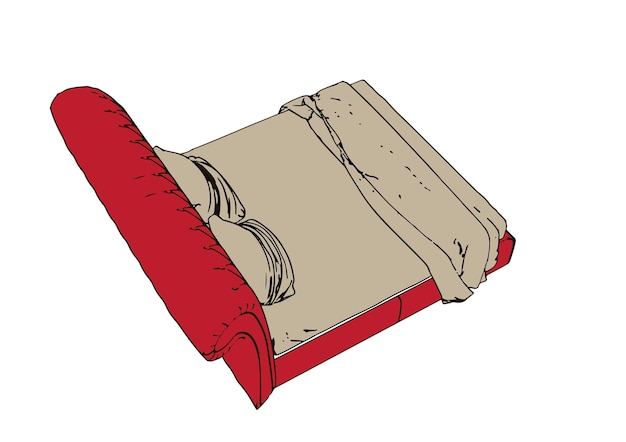 Vettore sketch letto rosso con cuscini isolati su vettore bianco