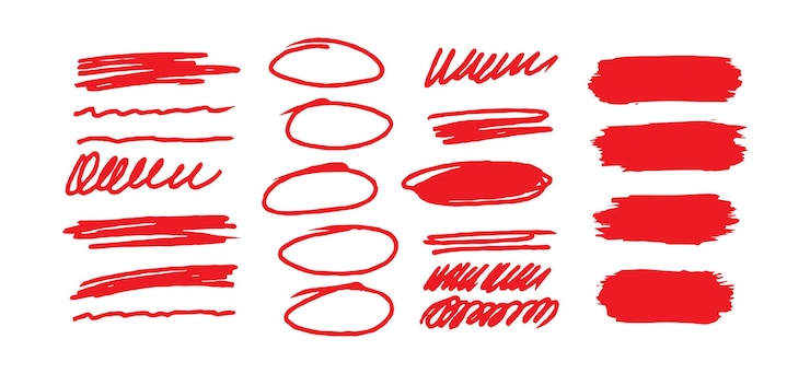 Vector sketch red brush strokes underline emphasis lines waves set